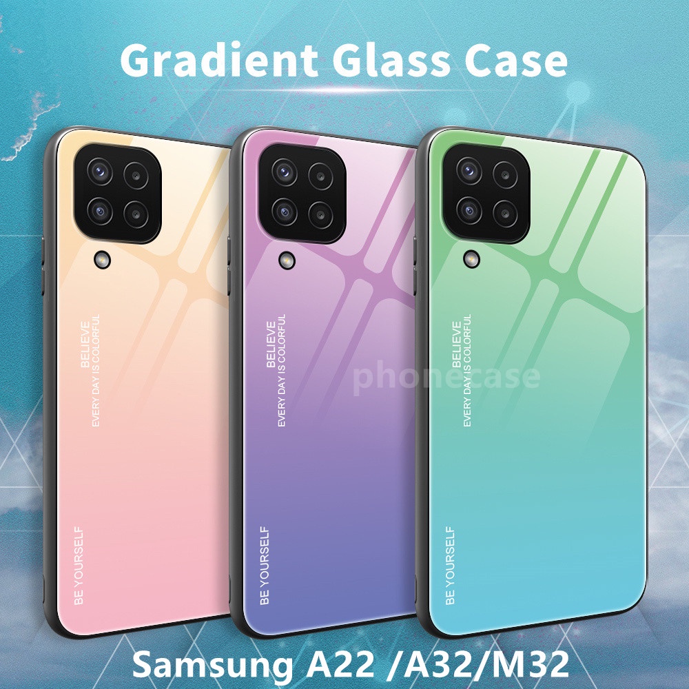 Ốp điện thoại kính cường lực cứng chống sốc màu gradient dành cho Samsung Galazy A22 A12 A32 M32 4G 5G