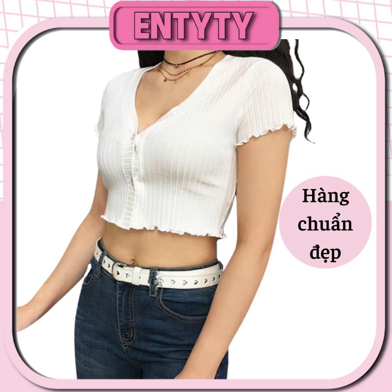 ÁO CROPTOP ĐÍNH 3 CÚC CỔ V THUN GÂN A2-33