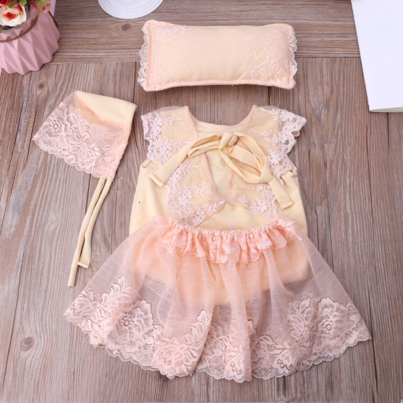 Mary☆Newborn Baby Photography Props Soft Lace Positioner Pillow  Flowers Hat+Dress Outfits Set