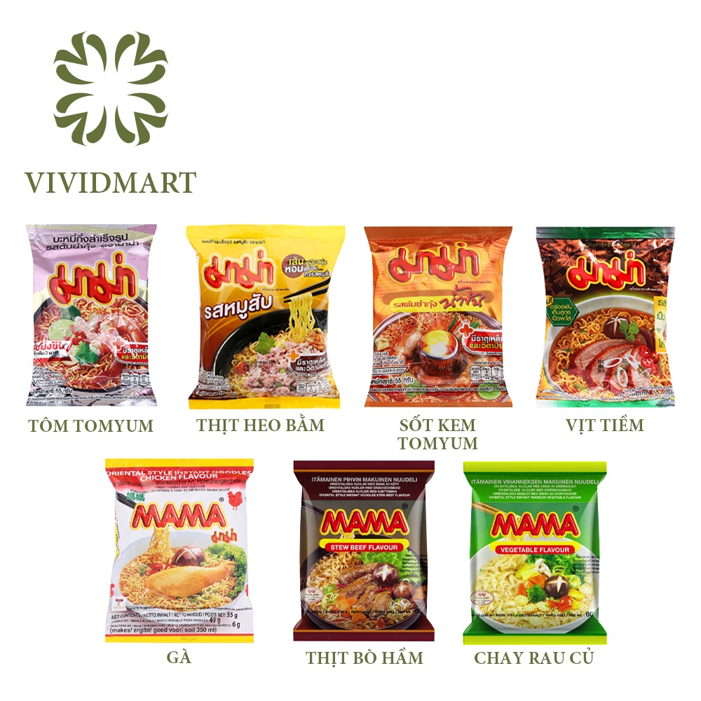 MÌ MAMA GÓI NHỎ 7 VỊ: TÔM TOMYUM, HEO BẰM, SỐT KEM TOMYUM, VỊT TIỀM, GÀ, BÒ HẦM, CHAY RAU CỦ - GÓI 60G - MA MA