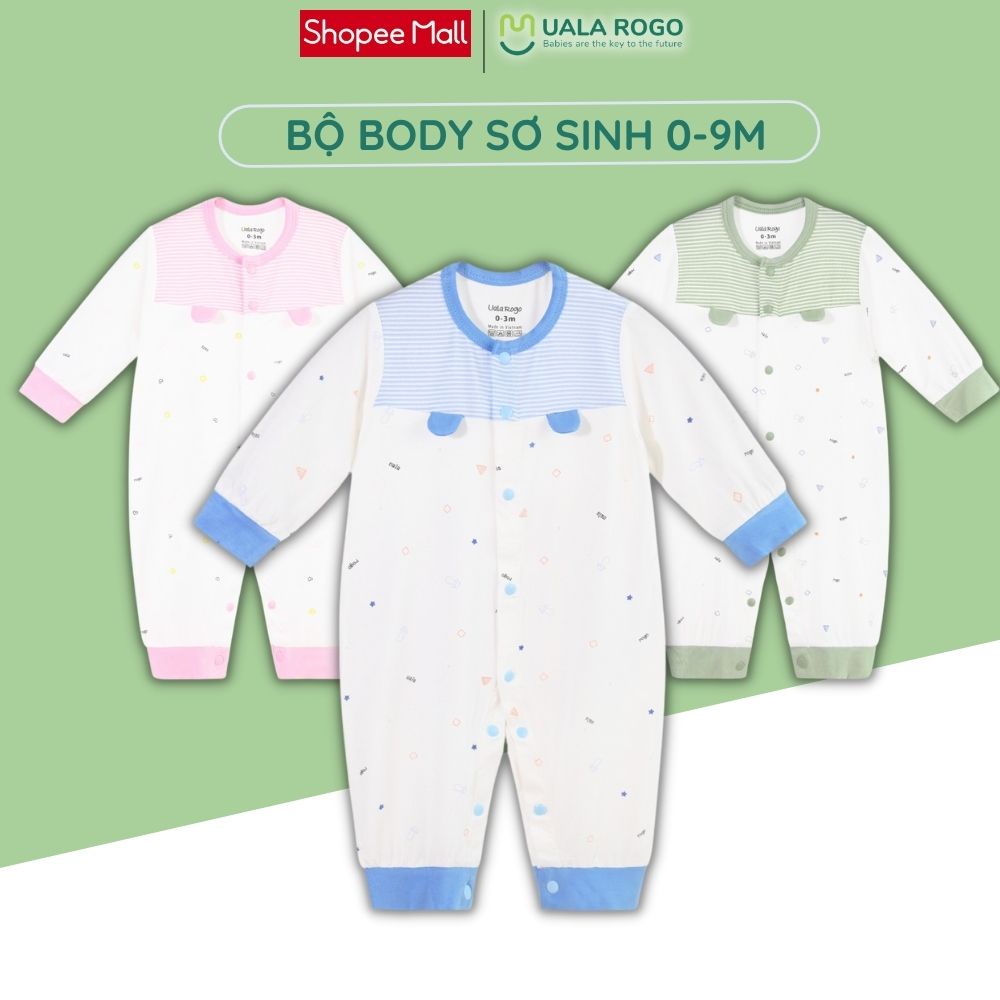 Bodysuit cho bé liền thân sơ sinh Uala rogo 0-9 tháng liền thân vải sợi tre Bamboo mềm co giãn cúc giữa 2033