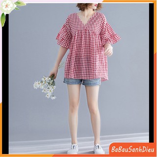 Áo bầu hè thu kẻ nhí đỏ tay lửng dáng xòe cực yêu AB1247