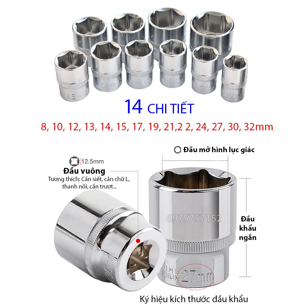 Bộ 14 chi tiết đầu khẩu ngắn 8-32mm 6 cạnh 1/2 Inch cao cấp HARDEN, KAPUSI thép Nhật CR-V độ cứng 60HRC, đầu tuýp 1/2