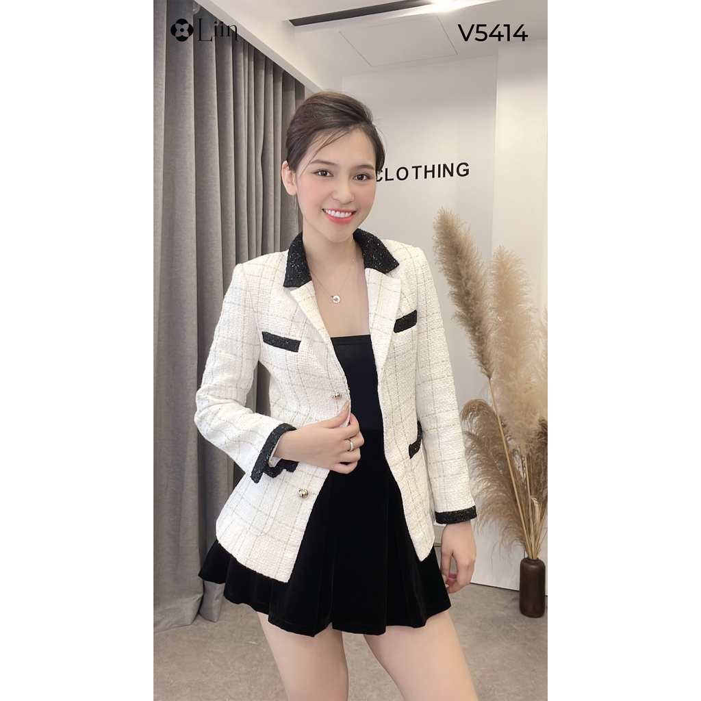Áo vest dạ tweed màu trắng viền đen phong các sang trọng, thời thượng Liin Clothing V5414 | BigBuy360 - bigbuy360.vn