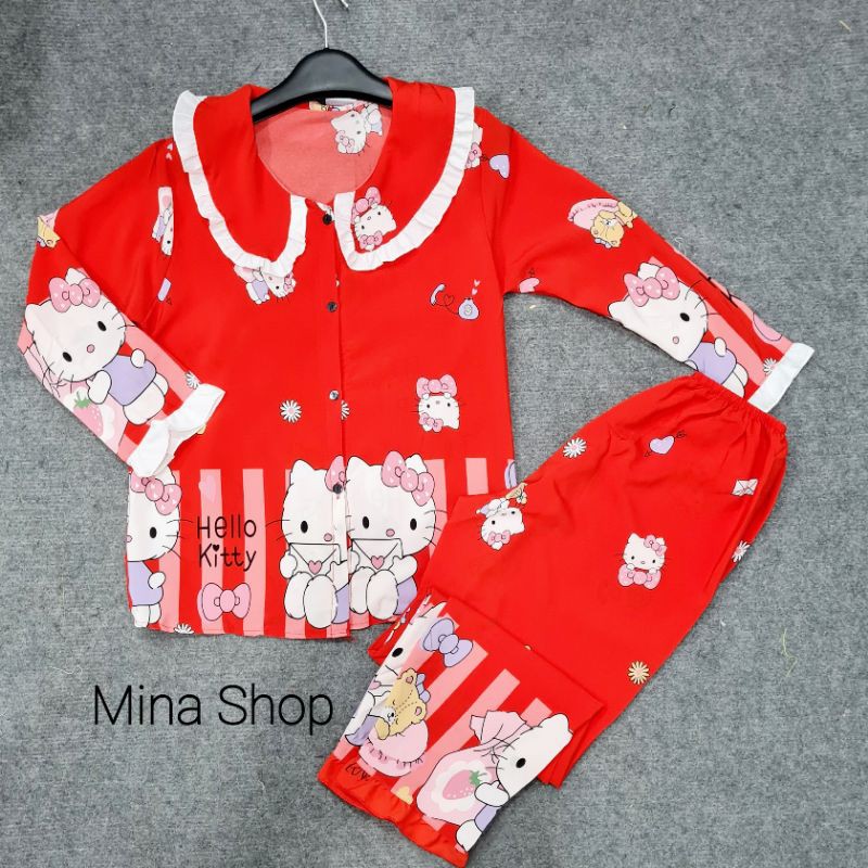 ĐỒ BỘ PIJAMA LỤA DÀI TAY IN HELLO KITTY 100D FREESIZE DƯỚI 55ký