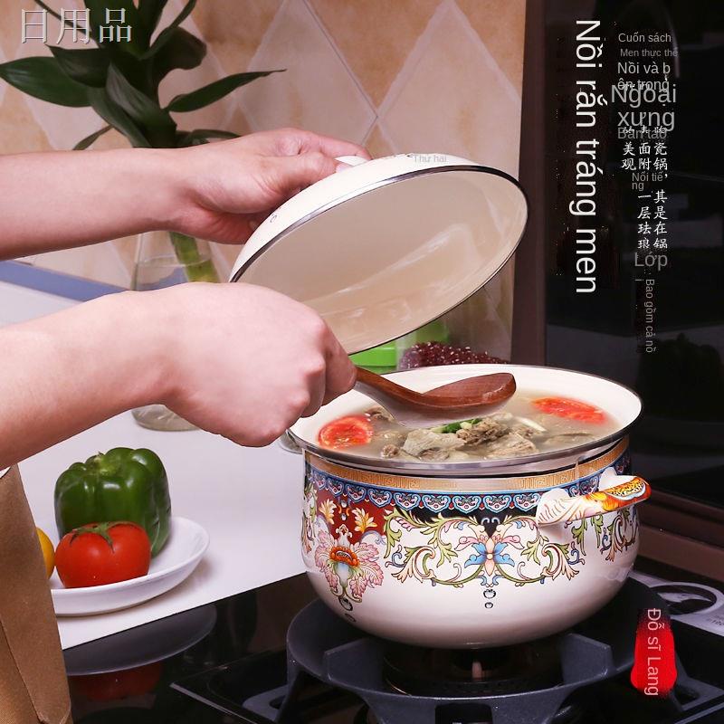 ✲✿Nồi tráng men dày nồi canh nồi tai đôi kiểu cũ có nắp hầm nồi tráng men nồi nấu phở ăn liền bếp từ gas phổ thông