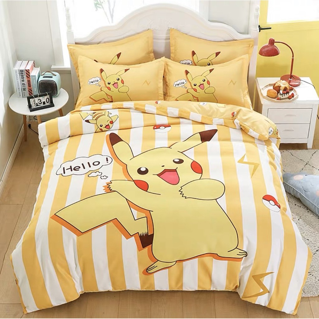 Bộ Chăn Ga Gối Cotton Hoạt Hình 3D Pikachu Kẻ