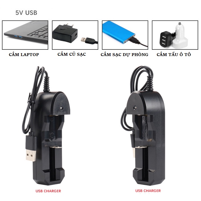 Bộ sạc pin Li-ion 3.7V cổng USB có đèn báo, tự ngắt khi đầy và Pin sạc 18650 dung lượng 3000 mAh và 4200 mA