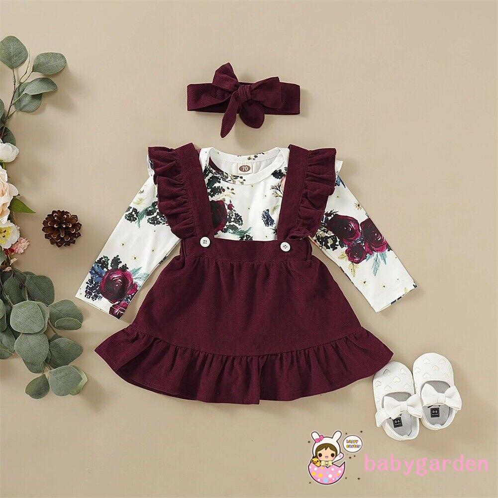 Bộ áo liền quần tay dài cổ tròn + chân váy xòe màu trơn + băng đô thời trang cho bé gái