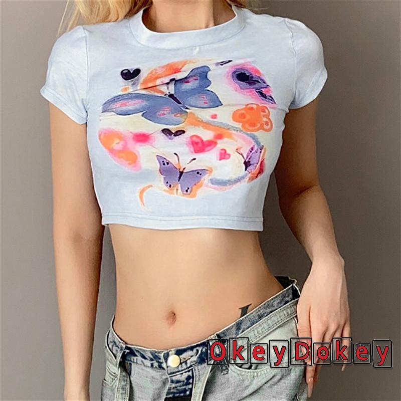 Áo Thun Crop Top Tay Ngắn Dáng Ôm In Họa Tiết Bươm Bướm Thời Trang Mùa Hè Xinh Xắn Cho Nữ