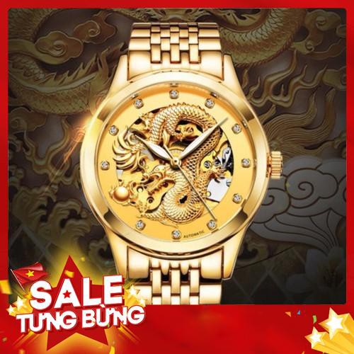 Đồng Hồ Cơ Nam nhãn hiệu MOHDNE Automatic Chạm Rồng 3D Lộ Máy Mạ Vàng Kim Loại Chống Nước Chống Xước - Hàng nhập khẩu