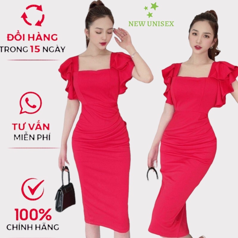 Đầm Body Nữ Cổ Vuông Tay Nhún Bèo Siêu Xinh, Đầm Ôm Tôn Dáng Chất Umi Có Mút Ngực Co Giãn Mặc Thoải Mái [NEW UNISEX]