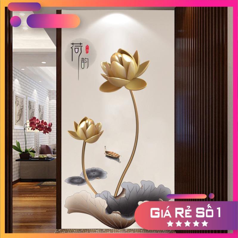 Tranh dán tường hoa sen vàng, Decal thư pháp chữ Hán,Tranh 3D trang trí phòng khách