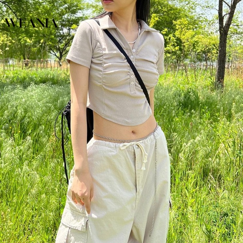 Áo Sơ Mi Croptop Tay Ngắn Cổ Bẻ Thiết Kế Xếp Ly Nữ Tính