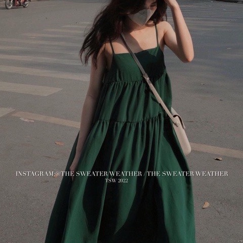 Váy hai dây dáng xòe 3 tầng dây chỉnh được màu xanh hottrend vanmiushop