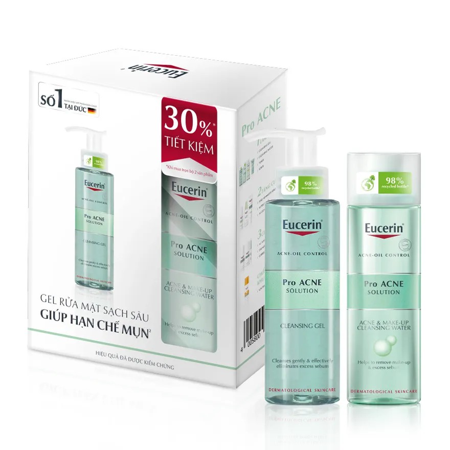 Combo Eucerin Làm Sạch Sâu Cho Da Mụn (Gel Rửa Mặt ProAcne 200ml &amp; Tẩy Trang ProAcne Cleansing Water 200ml)