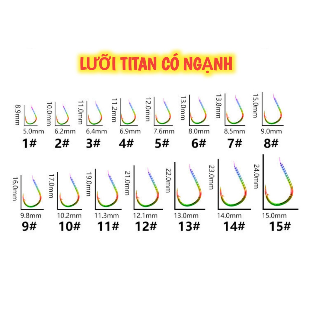 Lưỡi câu cá Titan 7 màu - Hộp 20 lưỡi