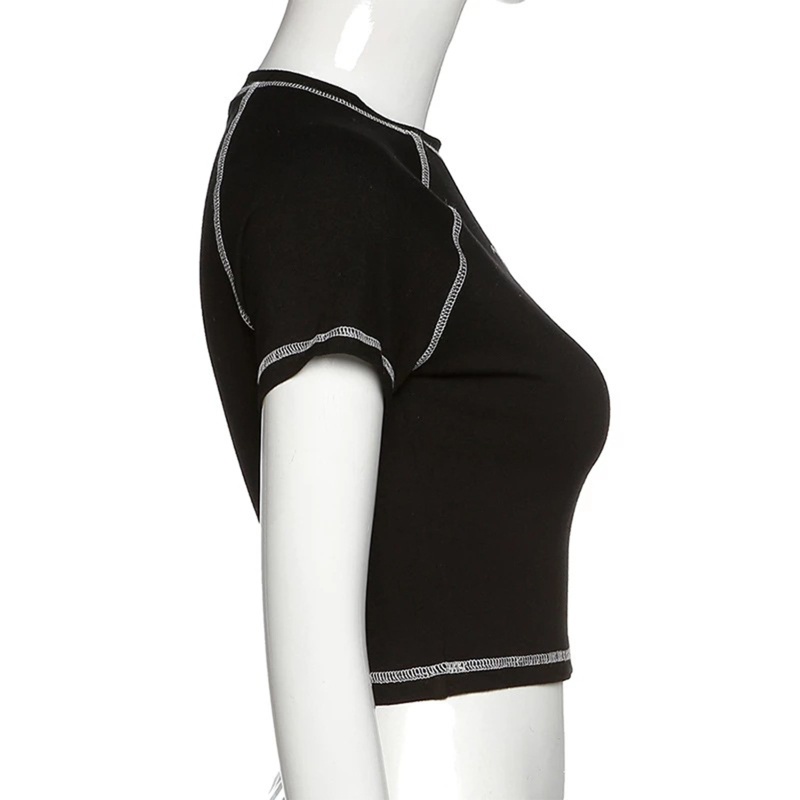 Áo thun croptop tay ngắn cổ tròn họa tiết xương ức phong cách Harajuku cho nữ