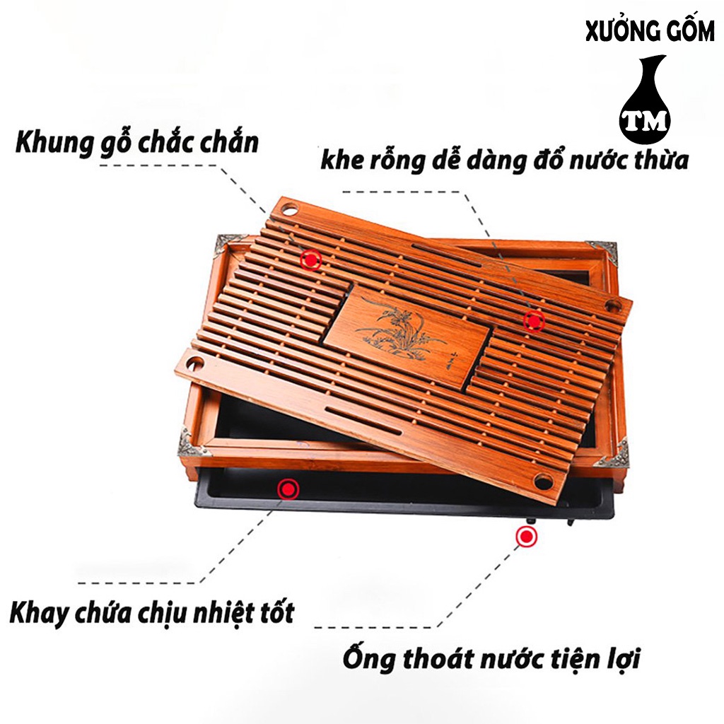 Khay Trà Tre Đựng Ấm Chén Khắc Họa Tiết - Xưởng Gốm TM