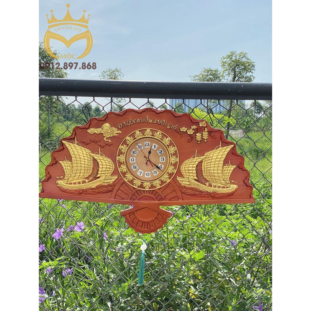 Tranh quạt đồng hồ gỗ hương 48cm x 81cm