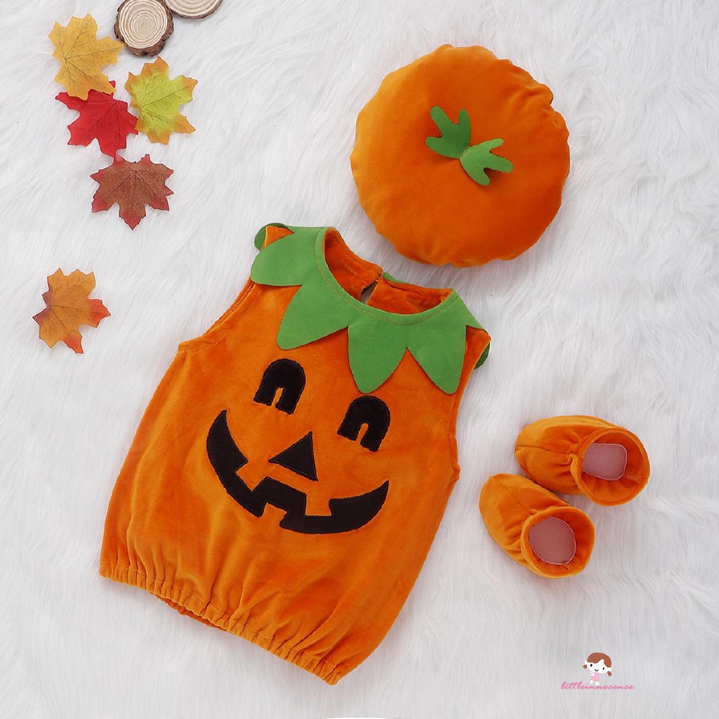 Set hóa trang 3 món gồm áo sát nách dáng phồng + mũ bí ngô + giày phong cách halloween dễ thương đáng yêu cho bé