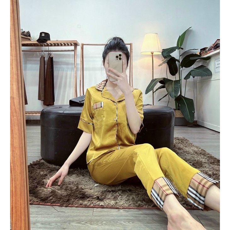 Bộ lụa pijama mặc viền kẻ hàng thiết kế cao cấp