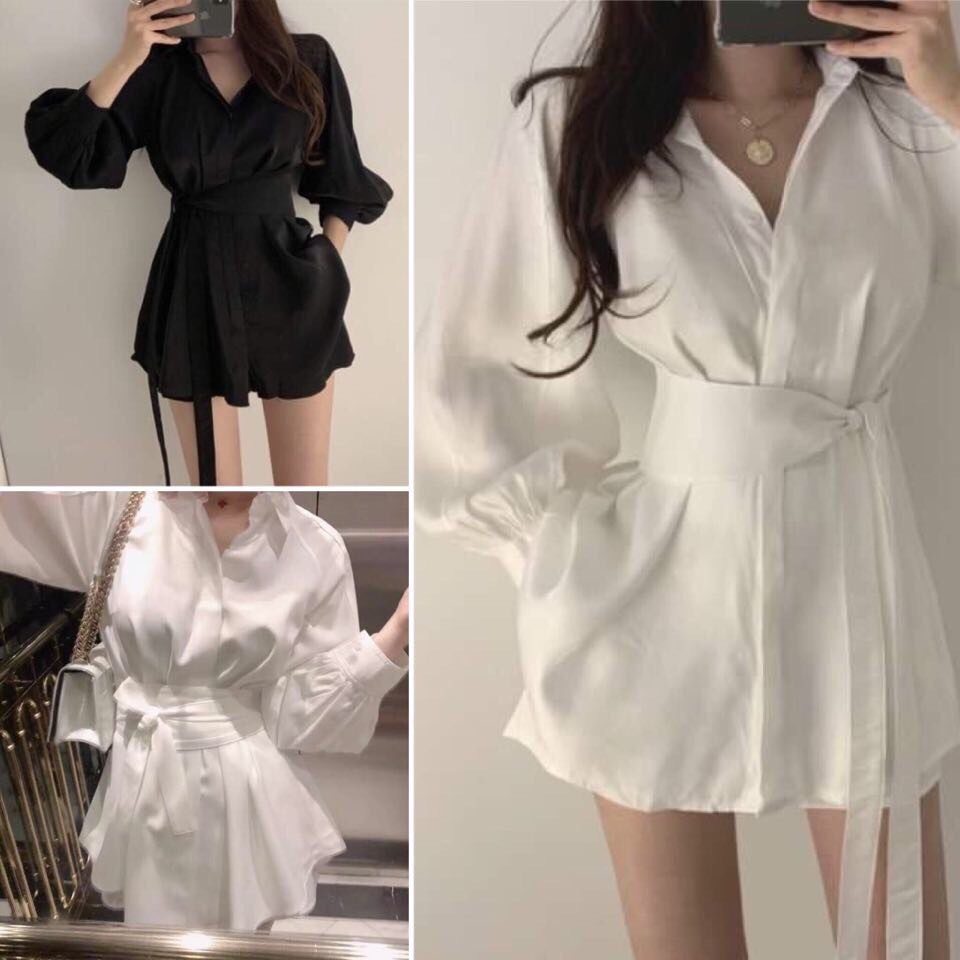 [Set 3 món đồ nữ] Áo sơ mi tay dài quần short lụa kèm đai thắt nơ eo nữ tính