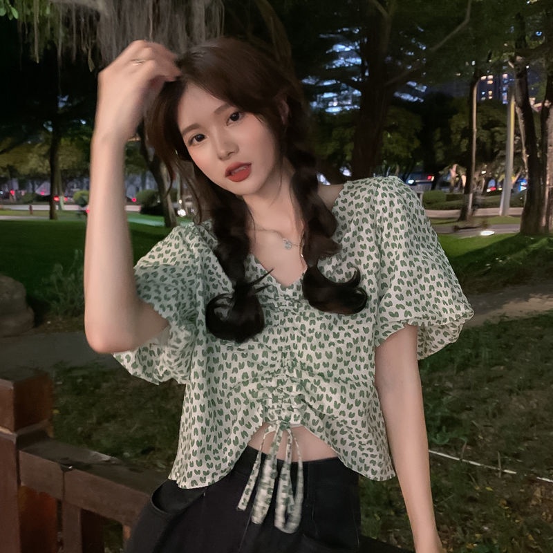 Áo Sơ Mi Ngắn Tay Cổ Chữ V Phối Dây Rút Thời Trang Mùa Hè Hàn Quốc Mới 2022 Dành Cho Nữ