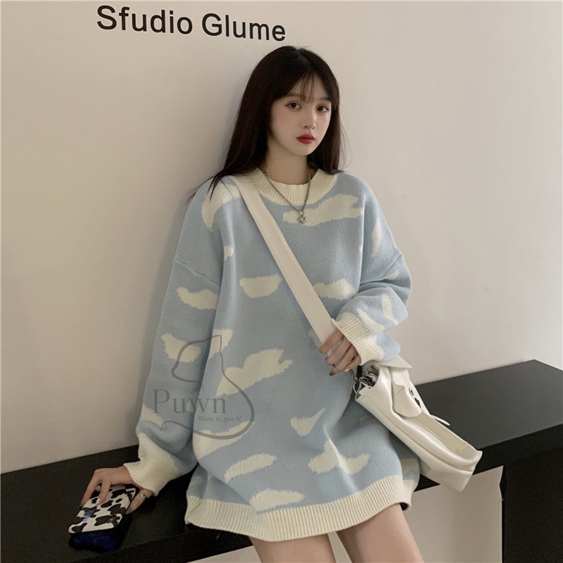 Áo len Sweater Xanh bầu trời mây trắng Puwn Shop