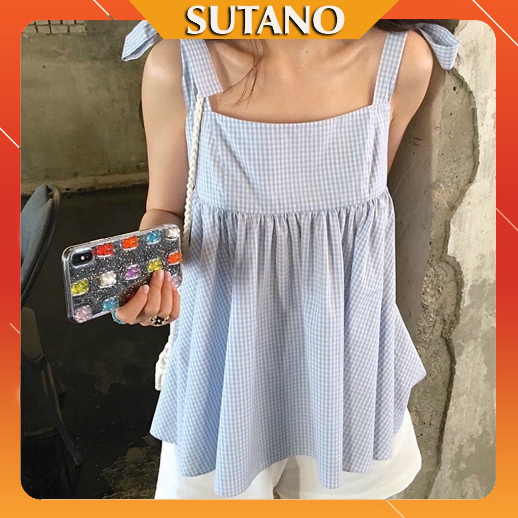 Bộ quần áo nữ set style Hàn Quốc SUTANO,Set áo babydoll hai dây thắt nơ kẻ xanh và quần short trắng cực xinh B405 | BigBuy360 - bigbuy360.vn