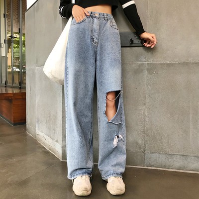 Quần jeans dài nữ lưng cao chân ống rộng rách gối lỗ to 1 bên ulzzang có big size