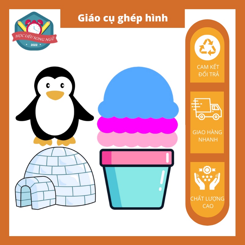 Bộ giáo cụ giảng dạy ghép hình, mẫu chim cánh cụt và kem cốc dễ thương có nam châm dính bảng