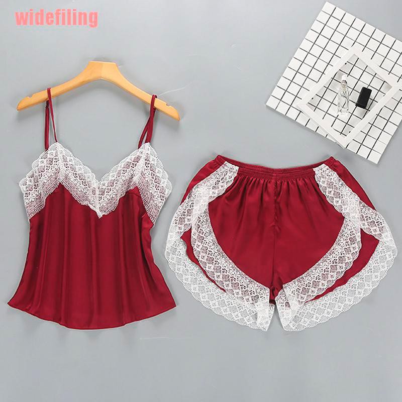 Bộ Đồ Ngủ 2 Dây Vải Lụa Viền Ren Quyến Rũ Cho Nữ