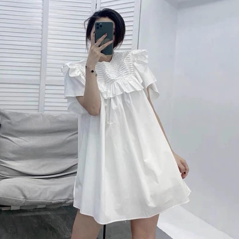 Đầm babydoll tiểu thư dáng xoè xếp ly ngực tay cánh tiên