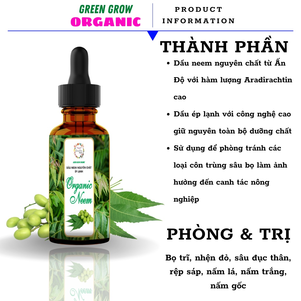 Tinh dầu Neem oil Green Grow Organic phòng trừ sâu bệnh bọ trĩ nhện đỏ nấm lá cho Hoa Hồng và các loại hoa kiểng MS185