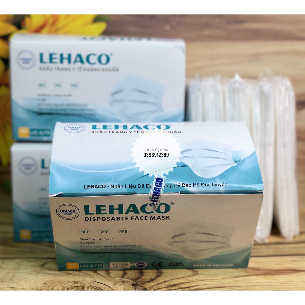 (Hàng Chính Hãng Cty Lehaco) Khẩu Trang Kháng Khuẩn Màu TRẮNG 4 lớp 50 cái/ hộp - Khẩu Trang y tế Lehaco Kháng Khuẩn