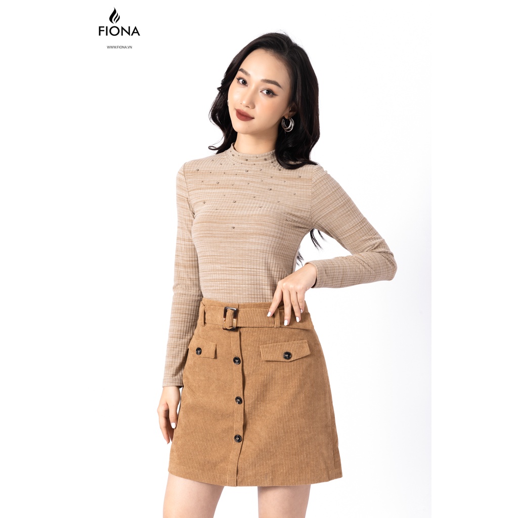 Áo thun cotton nữ dài tay cổ tròn FIONA, áo thun nữ thu đông dáng ôm, đính hạt tang trí F520902