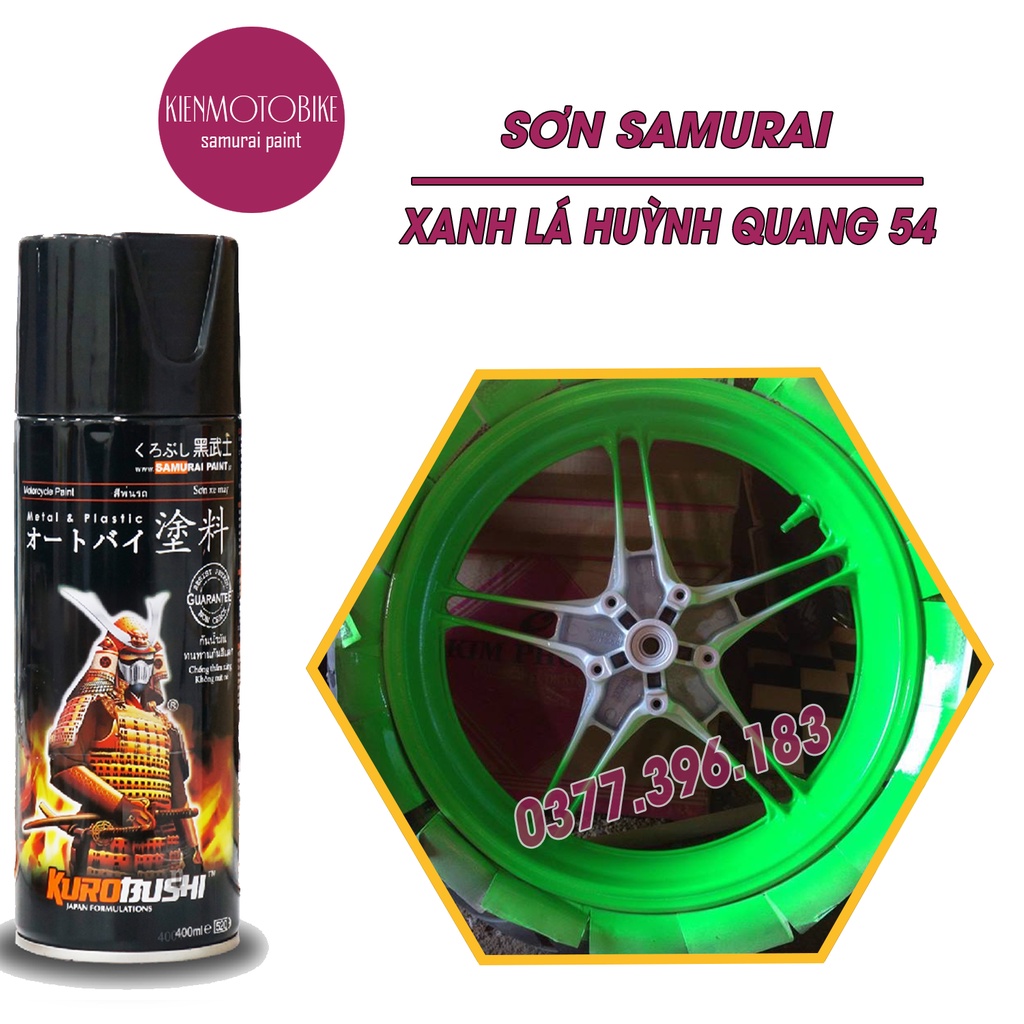 Sơn Samurai màu xanh lá huỳnh quang 54 - chai sơn xịt chuyên dụng cho sơn xe máy, ô tô