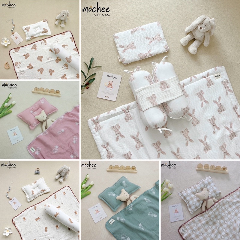 Mochee - Set chăn bốn mùa Muslin cao cấp kèm gối lõm chống bẹp đầu mềm mại, thấm hút tốt