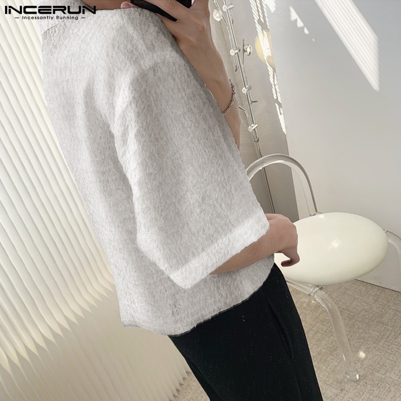 Áo sơ mi INCERUN kiểu baggy trắng tay ngắn chất nhung thời trang dành cho nam giới