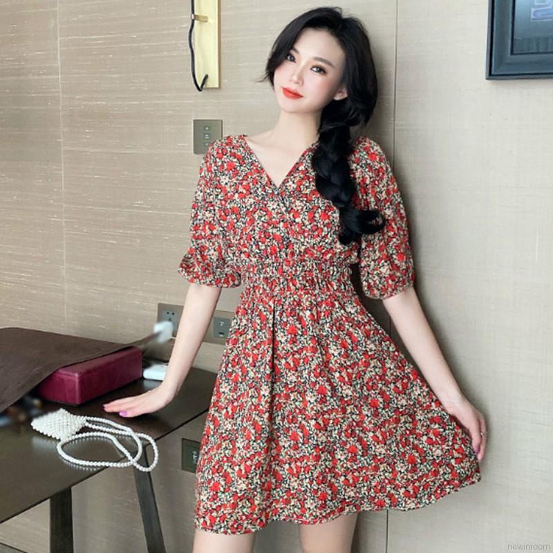 Đầm Hoa Ngắn Tay Cổ Chữ V Xinh Xắn Theo Phong Cách Hàn Quốc Dành Cho Nữ Giới
