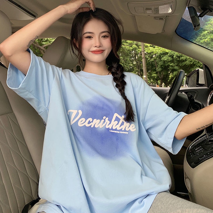 COZOK Áo Thun Tay Ngắn Dáng Rộng Màu gradient In Chữ Phong Cách Hàn Quốc