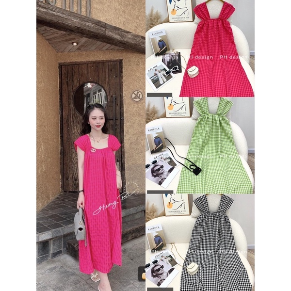 Váy bầu 2 dây bản to chất thô hàn xốp kẻ caro nhiều màu dáng xòe chun ngực dáng midi (Ảnh thật tự chụp)