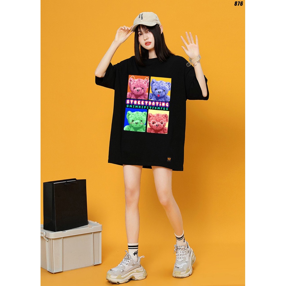 Áo thun unisex tay lỡ Bốn con gấu 876 HY KOREA form rộng dành cho nam nữ