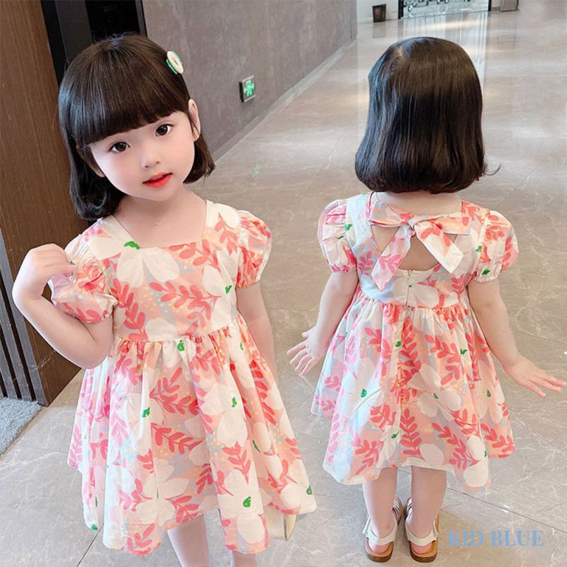 Đầm Tay Ngắn Hở Lưng Cột Nơ Toàn Diện In Họa Tiết Hoa Cho Bé Gái