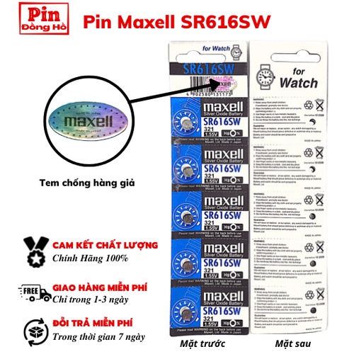 Pin 616 Maxell SR616SW Xanh 1 vỉ 5 viên. SR616 dùng cho đồng hồ, đồ chơi, các thiết bị điện tử,...