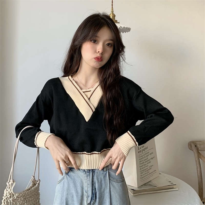 Áo len lửng tay dài cổ V thời trang dành cho nữ