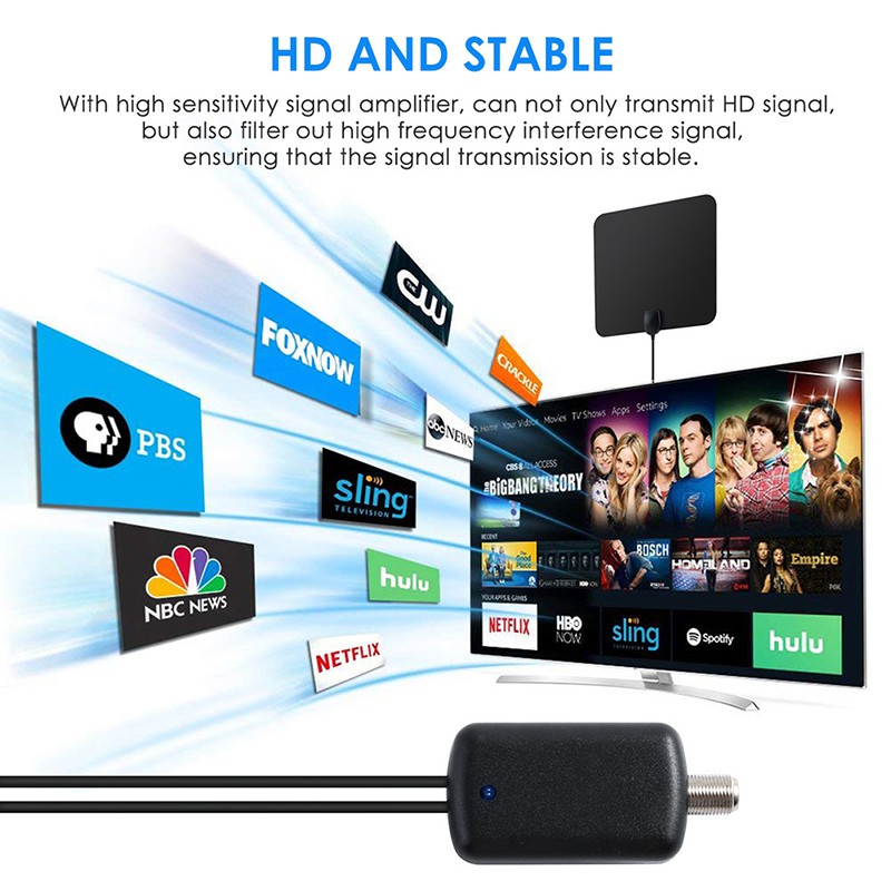 Bộ Ăng Ten Hdtv Kỹ Thuật Số 25db Hdtv Dvb-t2 Phạm Vi 80 Dặm Kèm Phụ Kiện