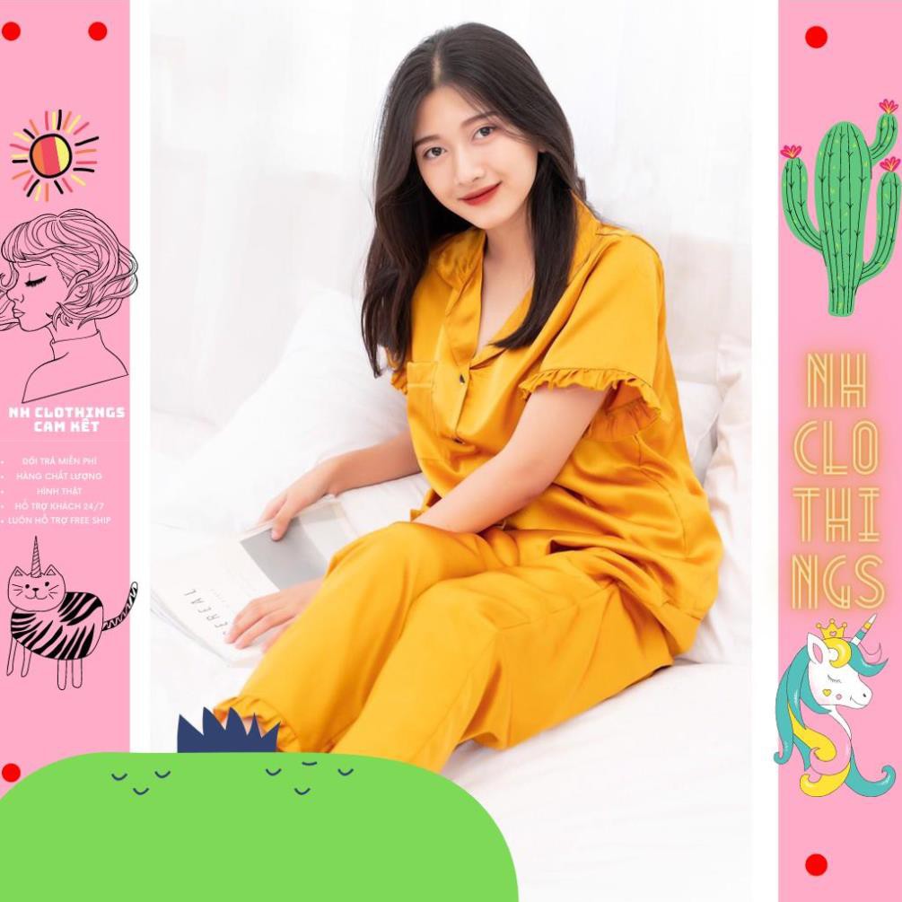 Bộ đồ ngủ, đồ bộ pijama lụa nữ mặc nhà lua bèo tay ngắn quần dài chất liệu phi lụa NH CLOTHINGS