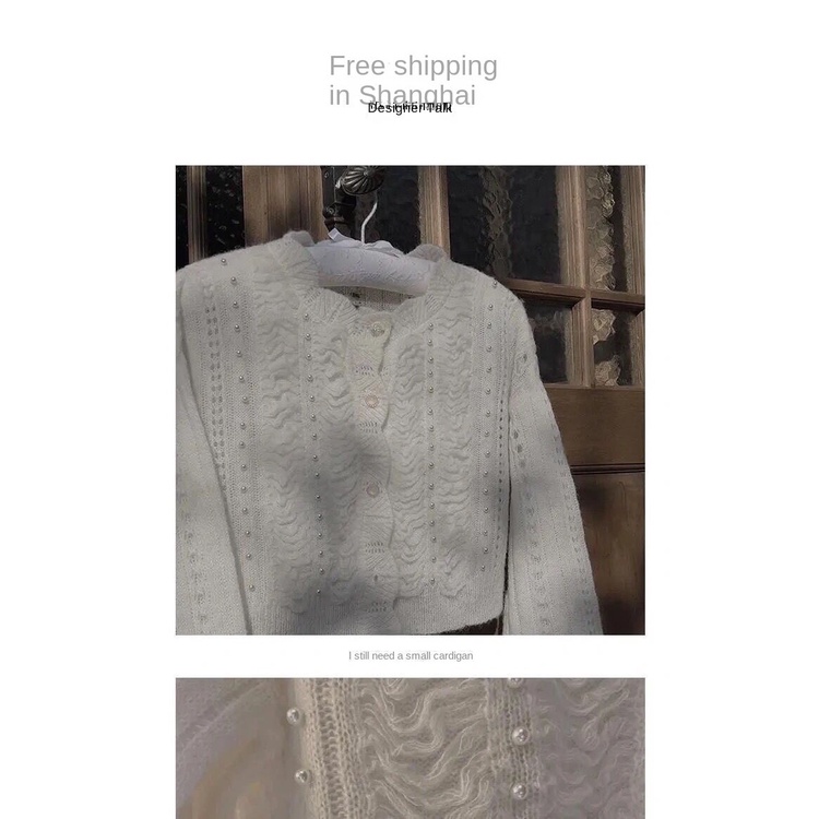 Áo Khoác Cardigan Dệt Kim Khoét Lỗ Đính Hạt Ngọc Trai Phong Cách Hàn Quốc Mới Cho Nữ